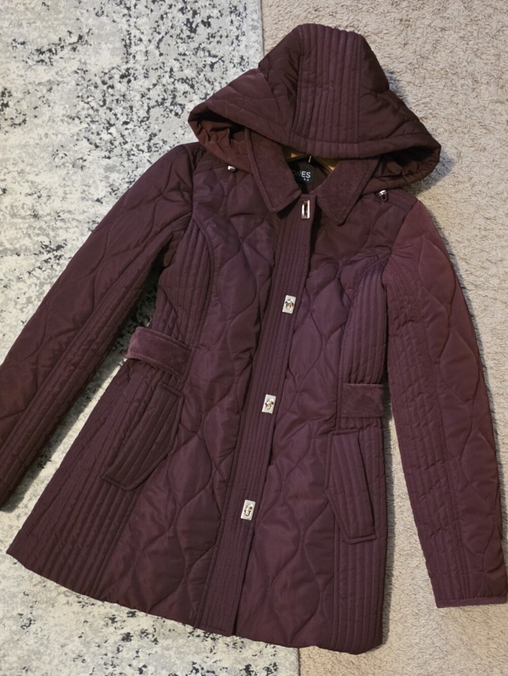 Jones New York Quilted Puffer Coat Removable Hood Womens M Maroon Wine Gold Tone